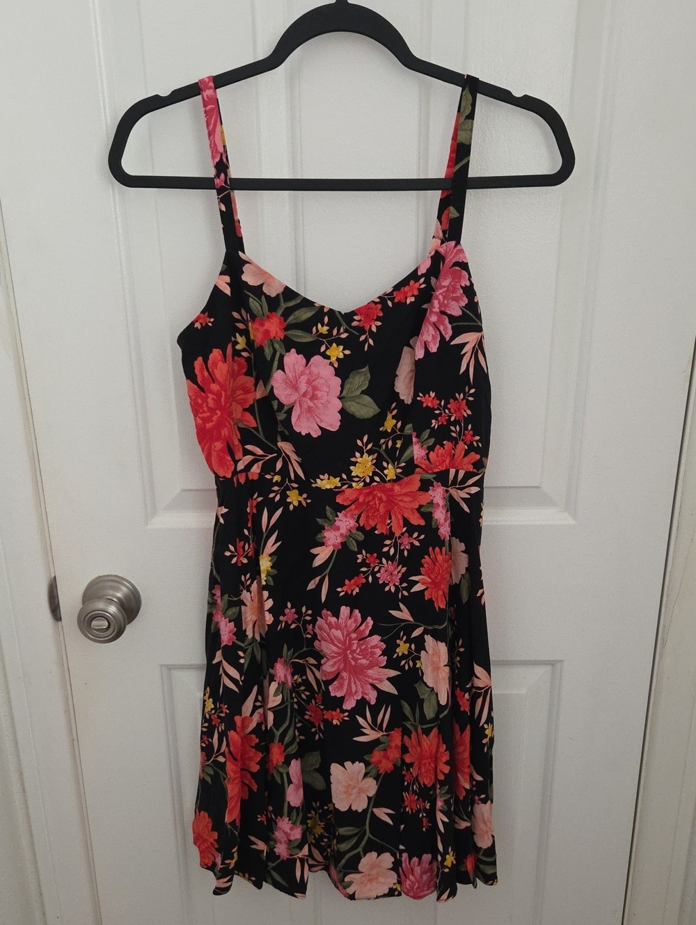 Floral Spaghetti–Strap Sundress in Black with Pink & Coral Flowers